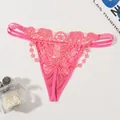 Pink floral lace thong with elegant bow detail and thin strappy waist - XS / Pink