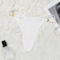 Sexy white ribbed thong for women with elegant gold metal side accents - S / White