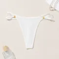 Elegant white ribbed thong bikini bottom featuring gold ring details and sexy thin straps. - S / Bottoms / White