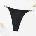 Sexy black ribbed thong with gold-toned metal rings and sparkling rhinestone details - S / Bottoms / Black