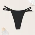 Elegant sexy black ribbed thong bikini bottom with low waist and gold metal hardware - M / Bottoms / Black