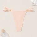 Elegant peach ribbed thong featuring double side straps and decorative gold ring details - Apricot