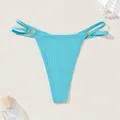 Sexy blue ribbed thong bikini bottom with gold metal ring details - Cyan
