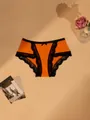 Orange French lace low-waist panties with black trim and central bow accent - S / Bottoms / Orange