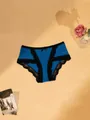 French style low waist blue cotton panties with elegant black lace and bow - Blue