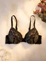 Elegant black floral lace bra with contrast lining and underwire support for lift - 70B / Tops / Black Beige