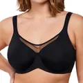Full coverage unlined underwire minimizer bra in black mesh design for plus size women - 32C / Tops / Black