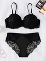 Elegant black lace push-up bra and matching panty lingerie set for women, flat lay - 70B / Top And Bottom / Black