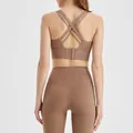 High elastic criss-cross back sports bra for women, seamless yoga bra back view in brown - S / Tops / Cocoa