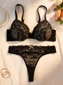 Sophisticated black floral lace push-up bra and matching thong lingerie set for women - 70B / Top And Bottom / Black Beige