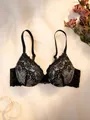 Elegant black lace underwire push-up bra with delicate floral embroidery for women. - 70B / Tops / Black and White