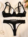 Elegant sexy black lace push-up bra and matching thong panty lingerie set for women - 70B / Top And Bottom / Black and White