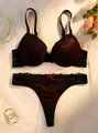 Elegant lace push-up lingerie set in black and red with floral embroidery patterns - 70B / Top And Bottom / Black Red