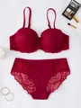 Elegant burgundy floral lace push-up bra and matching panty lingerie set for women - 70B / Top And Bottom / Red