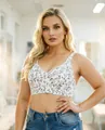 Detail view of a plus size floral print bra with comfortable wide shoulder straps - 100C / Tops / White
