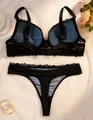 Elegant black lace push-up bra and thong set with blue inner lining - 70B / Top And Bottom / Black Blue