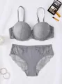 Elegant gray lace push-up bra and matching panties set for comfortable daily fashion - Gray