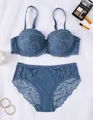 Blue lace lingerie set including push-up bra and matching lace panties variant - Blue