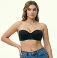 Seamless black strapless bra with thin cups for large sizes shown on a female model - 75B / Black