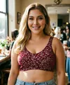 Comfortable plus size wireless floral print bralette with wide straps in burgundy - 80B / Tops / Burgundy