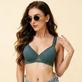 Detail view of a dark green wide-strap thin cup bra worn by a model for daily comfort. - 34B / Tops / Gray