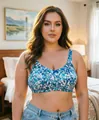 Close-up of a plus size floral print wire-free bra for a comfortable fit - 38B / Tops / Blue Floral Print