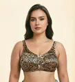 Detailed front view of leopard print wireless full cup bra with satin finish. - 38B / Tops / Leopard Print