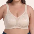Plus size wire-free lace bra with floral jacquard embroidery in elegant beige color - 80B / Tops / Nude