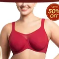 Full coverage unlined underwire plus size T-shirt bra in elegant deep red color - 34C / Tops / Coral