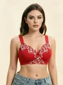 Detailed view of red plus size bra with delicate white floral embroidery and wide straps - 40D / Tops / Red