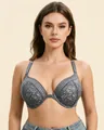 Elegant grey lace bra featuring a convenient front-closure design and push-up support. - 80B / Tops / Gray