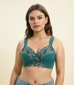 Front view of plus size wireless full cup bra with elegant lace embroidery details. - 40D / Tops / Malachite green