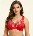 Detailed view of red lace floral embroidery on a supportive wide strap plus size bra - 85F / Red