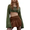Detail of a green mesh crochet knit long sleeve crop top with a brown pleated skirt. - S / Tops / Green