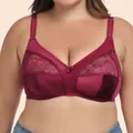 Plus size burgundy lace bra featuring wire-free full cups and a delicate bow detail. - 100C / Tops / Burgundy