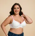 Plus size white lace bra featuring pink trim and wide decompression shoulder straps. - 75B / Tops / Off White