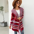 Ethnic boho striped knit cardigan jacket with fringe detail and stylish contrast colors - S / Tops / Red Jacquard