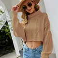 Stylish khaki turtleneck cable-knit cropped sweater with long sleeves in a relaxed fit - S / Tops / Camel