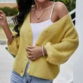 Cozy fuzzy knit yellow V-neck cropped cardigan sweater for stylish casual autumn wear - Yellow