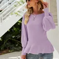 Elegant purple lantern sleeve knit sweater featuring a cinched waist and peplum hem - S / Tops / Purple