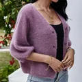 Casual purple V-neck short knit cardigan with fluffy texture and 3/4 sleeves - S / Tops / Purple
