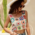 Bohemian crochet floral crop top with square neck and ethnic hollow knit design - One Size / Tops / White
