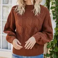 Elegant brown chunky cable knit sweater featuring a mock neck and lantern sleeves - S / Tops / Khaki