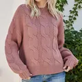 Women's cable knit semi-high neck sweater in dusty rose pink color with long sleeves - S / Tops / Pink