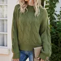 Stylish olive green cable knit mock neck sweater with long sleeves in a cozy winter style - S / Tops / Green