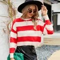 Elegant red and white horizontal striped cropped mohair sweater with casual crewneck for women - S / Tops / Red and White Striped