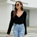 Elegant slim-fit black V-neck mohair sweater with crossover design for women - Black
