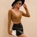 Sexy V-neck cropped mohair sweater in brown, slim fit wrap front knit top for women - Brown