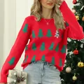 Festlicher roter Damen-Weihnachtspullover mit grünem Jacquard-Tannenbaummuster - S / Oberteile / Rot