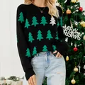 Damen Strickpullover in Schwarz mit stilvollen grünen Jacquard-Weihnachtsbaum-Mustern - S / Oberteile / Schwarz